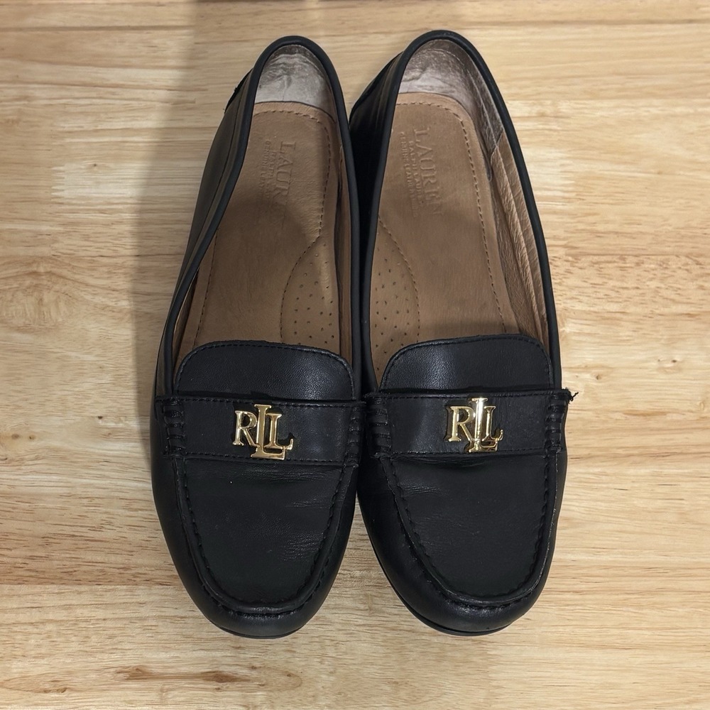 Lauren Ralph Lauren Barnsbury Driving Loafer Black Leather‎ Gold Logo Women's 7